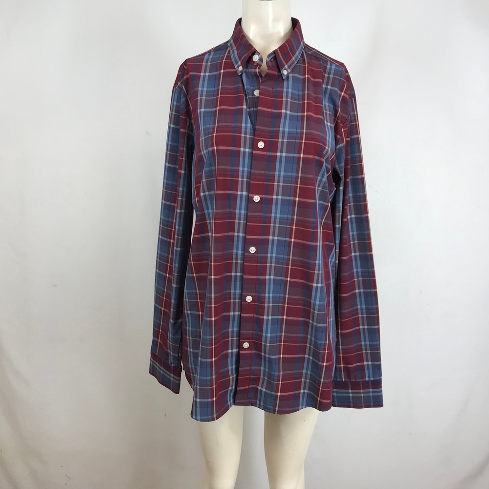 Mizzen+Main Leeward Collection Plaid Trim Fit Performance Shirt Burgundy Blue L